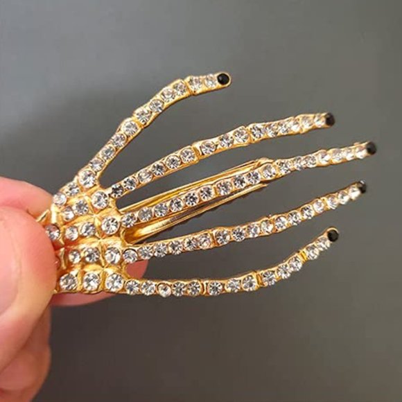 Gold Pave Rhinestone Black Fingernails Goth Glam Skeleton Hand Hair Clip New - Picture 5 of 7